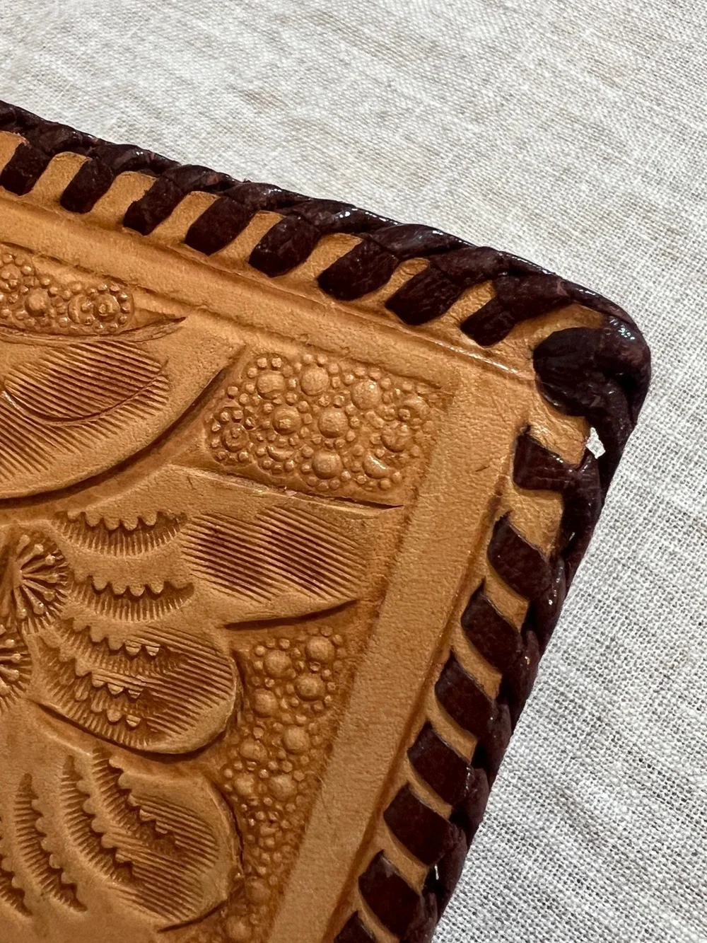 Hand-Tooled Leather Bifold Wallet - Tan with Dark Brown Trim